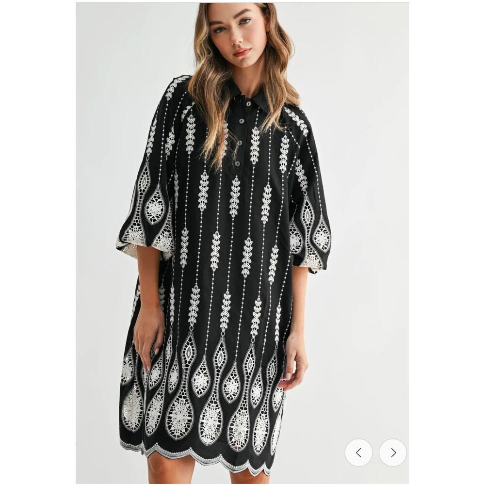 JOH Joley Dress Small NWT Black White Embroidered Bubble Sleeve Shirt Dress
